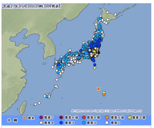 【地震速報】2015年5月30日：震源地は小笠原諸島西方沖（マグニチュード8.5）